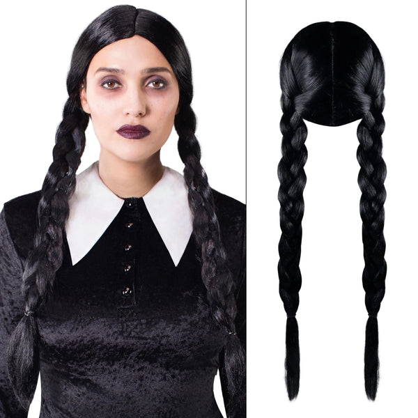 Braided Black Pigtail Wig with Hair Net for Girls Halloween Costume Accessory