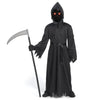 Child Unisex Black Grim Reaper Costume with Gloves, Scythe, Light-Up Glasses