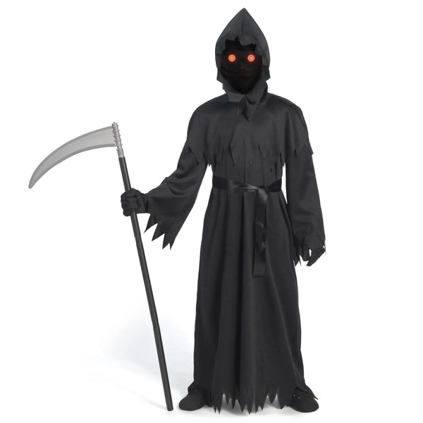 Child Unisex Black Grim Reaper Costume with Gloves, Scythe, Light-Up Glasses