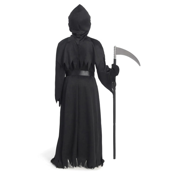 Child Unisex Black Grim Reaper Costume with Gloves, Scythe, Light-Up Glasses