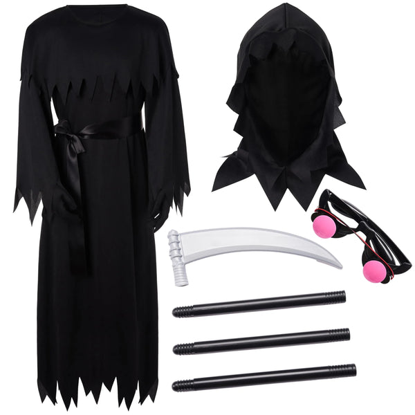 Child Unisex Black Grim Reaper Costume with Gloves, Scythe, Light-Up Glasses