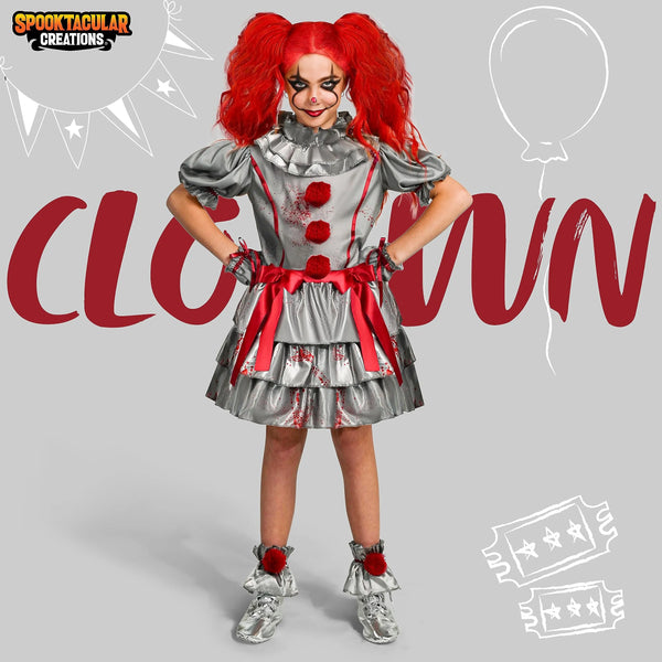 Girls Evil Clown Dress, Scary Jester Costume for Girls Halloween Dress Up