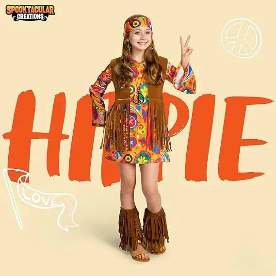 Girls Hippie Costume, Hippie Outfit with 60-70s Accessories for Kids