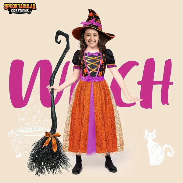 Girls Light-Up Orange Witch Costume, Fairy Tale Witch Halloween Costume