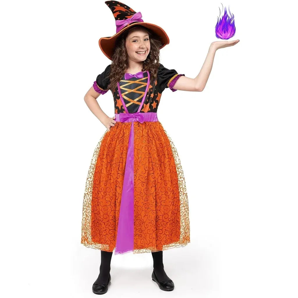 orange witch dress Orange Witch Halloween Costume Black Orange Fancy Witch Costume w/Hat, Cape