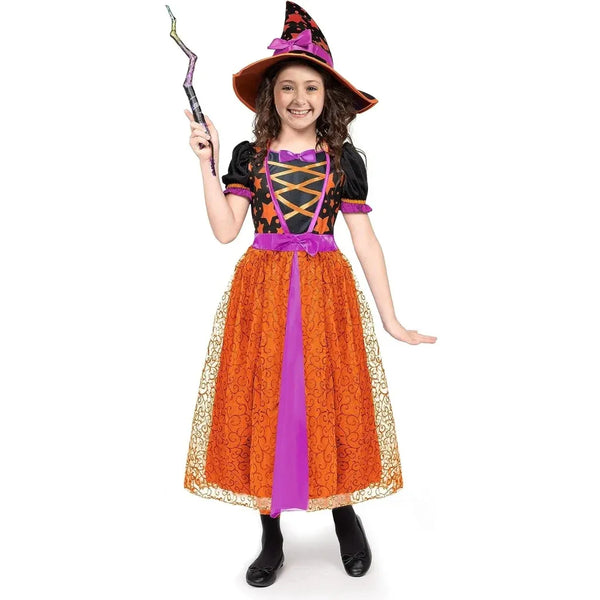 Girls Light-Up Orange Witch Costume, Fairy Tale Witch Halloween Costume