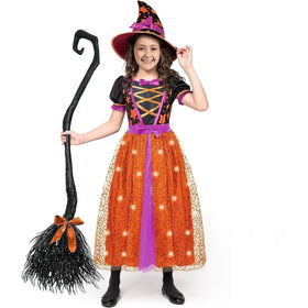 Girls Light-Up Orange Witch Costume, Fairy Tale Witch Halloween Costume