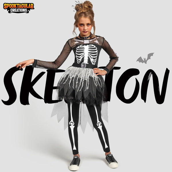 Girls Skeleton Costume, Ghostly Skeleton Tutu Dress for Girls