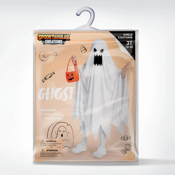 Halloween Kids White Angry Tattered Ghost Costume with Pumpkin Bag