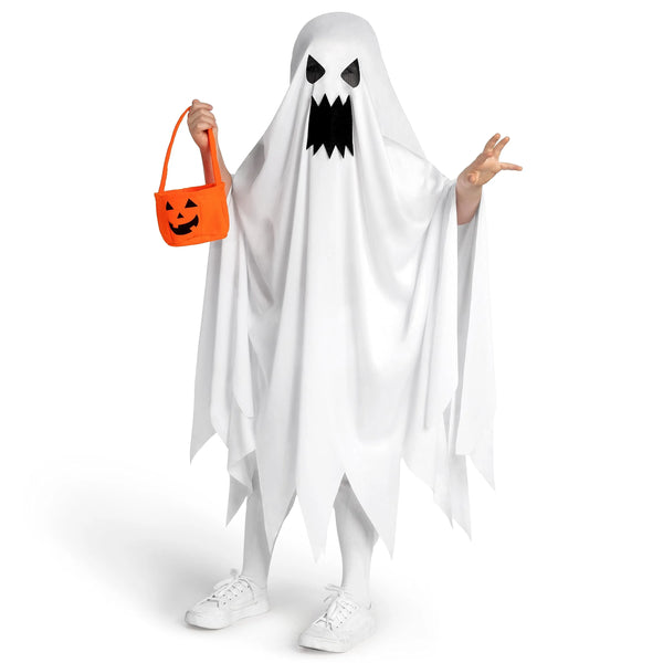 Halloween Kids White Angry Tattered Ghost Costume with Pumpkin Bag