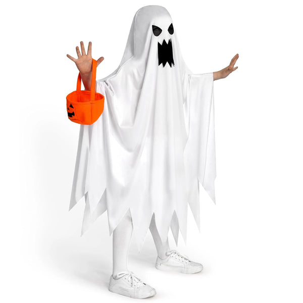 Halloween Kids White Angry Tattered Ghost Costume with Pumpkin Bag