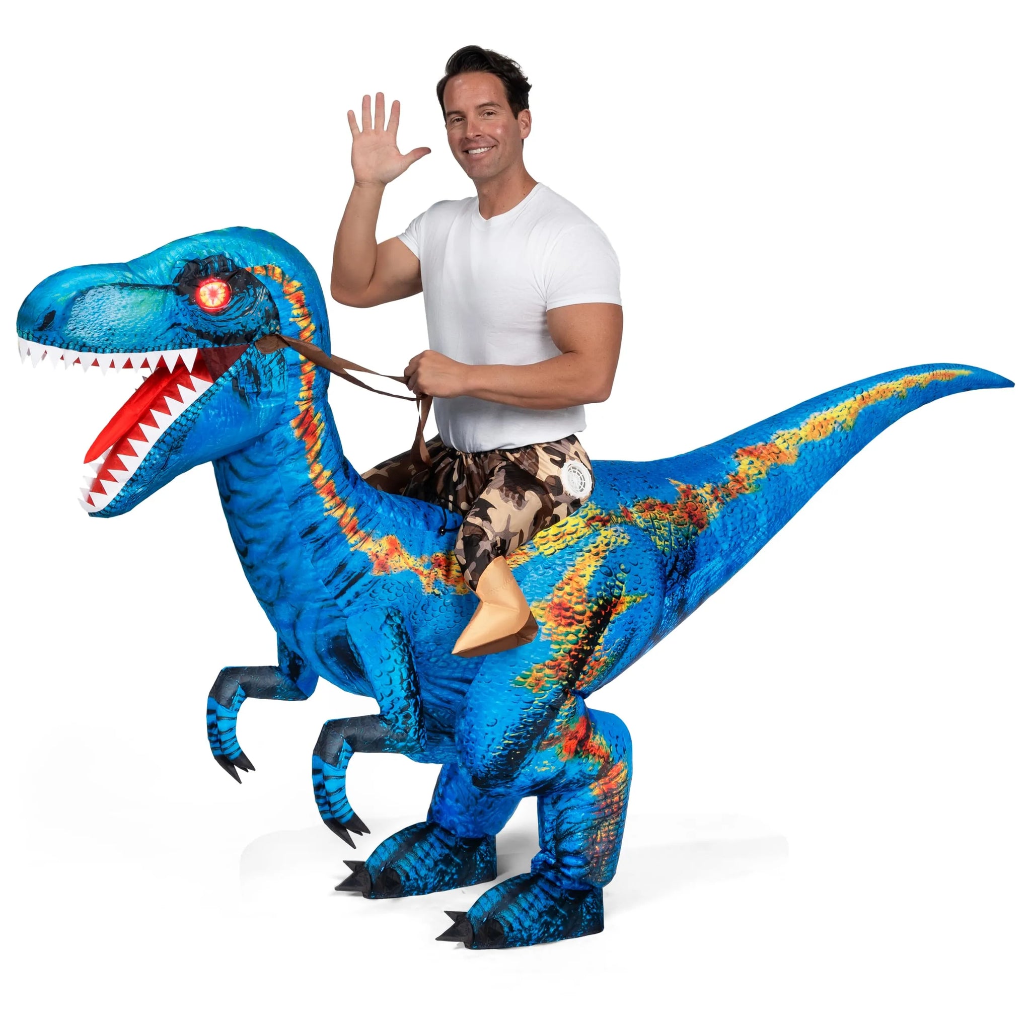 Inflatable Dinosaur Costume Riding a Raptor Digital Spooktacular Creations