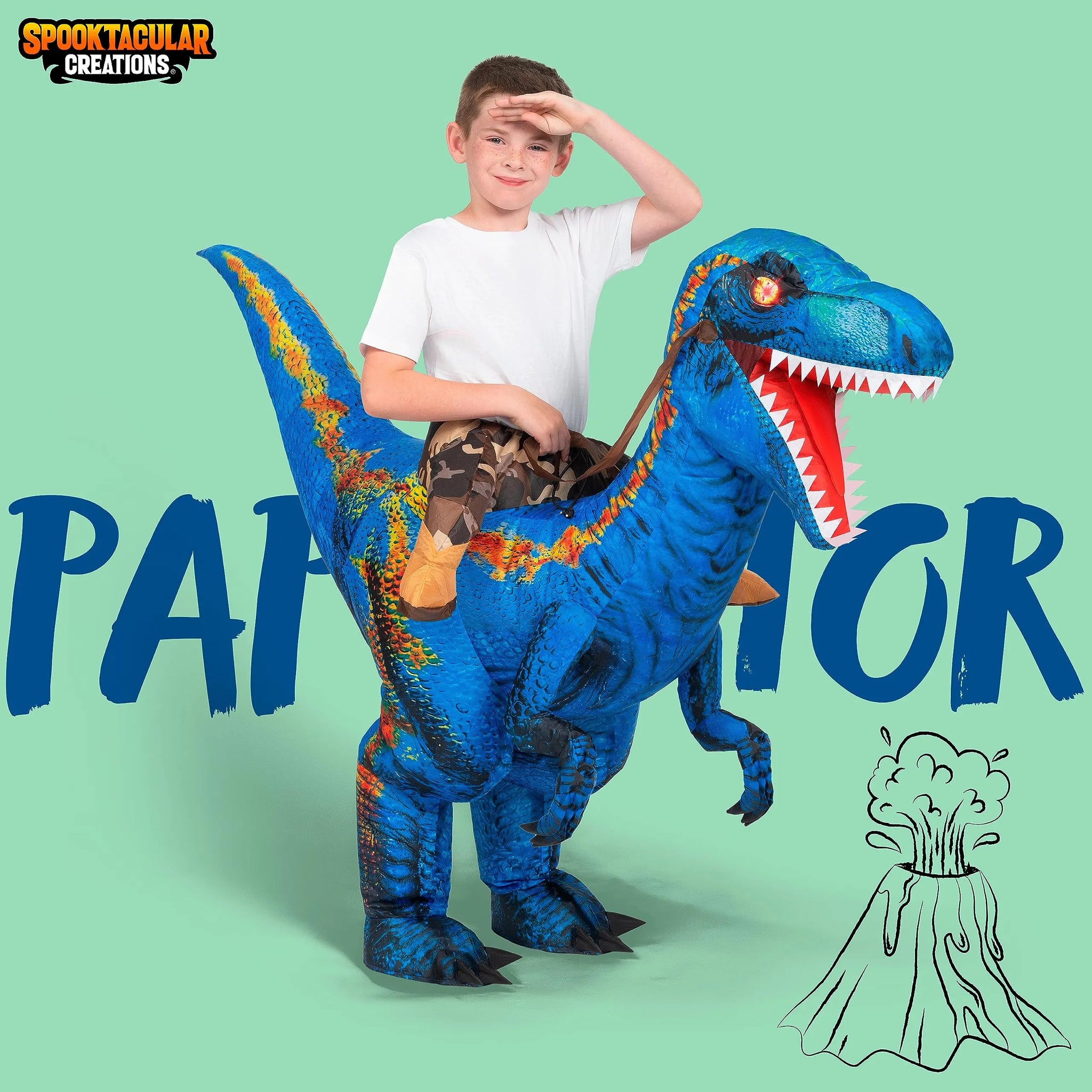 Kid riding a dinosaur costume deals