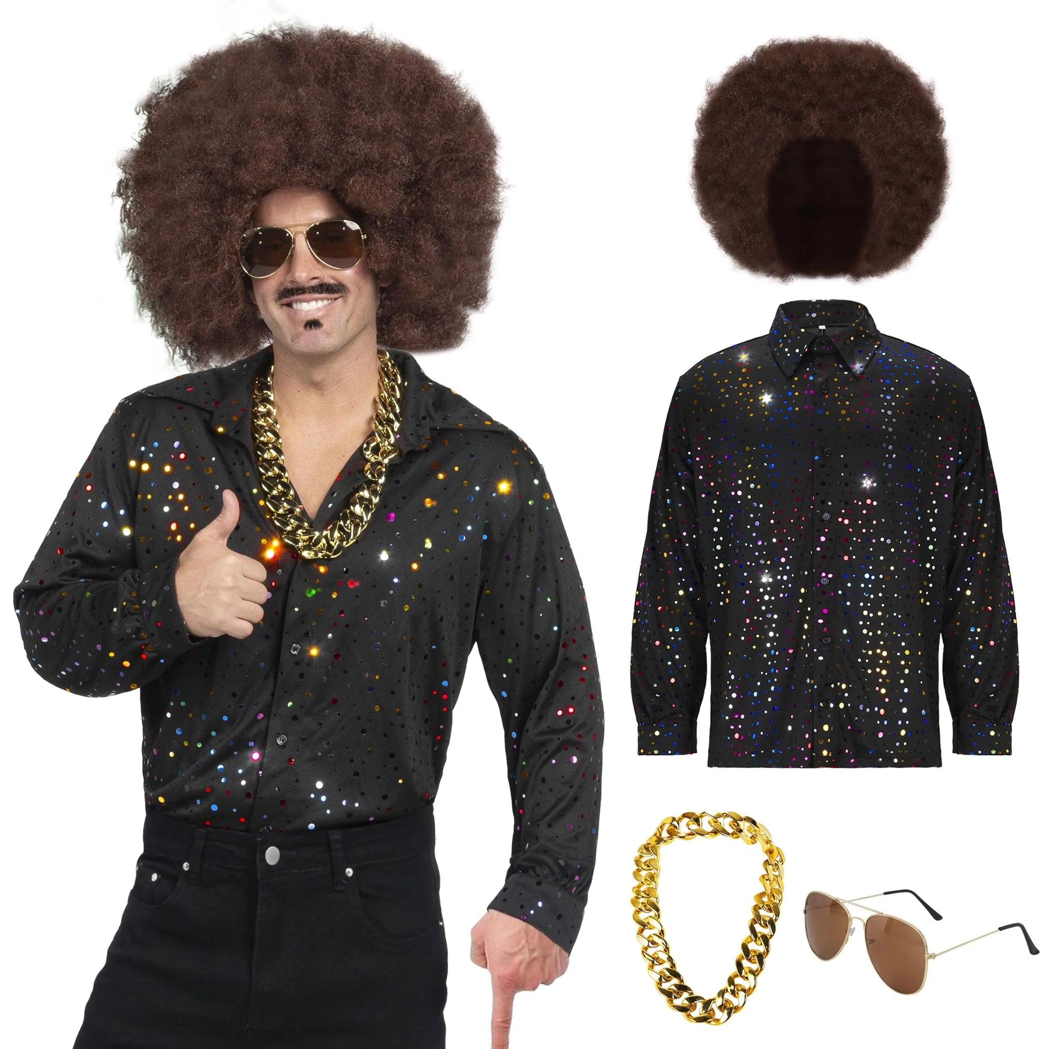 Men Fashion Disco Dude Shirt Set with Wig Glasses Necklace Accessories Spooktacular Creations