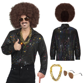 Men Fashion Disco Dude Shirt Set with Wig Glasses Necklace Accessories