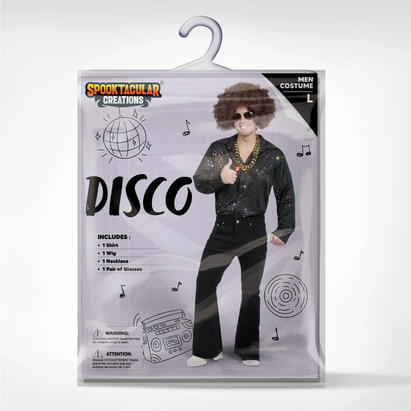 Men Fashion Disco Dude Shirt Set with Wig Glasses Necklace Accessories