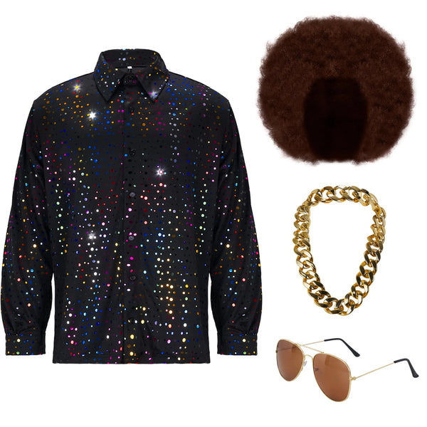 Men Fashion Disco Dude Shirt Set with Wig Glasses Necklace Accessories