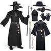 Men Plague Doctor Black Costume Set with Hat, Mask, Shawl, Robe, Gloves, Belt, Garlic, Scepter