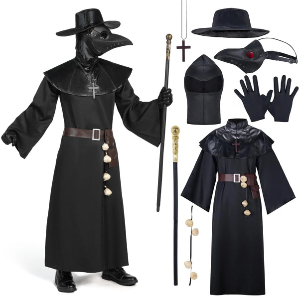 Men Plague Doctor Black Costume Set with Hat, Mask, Shawl, Robe, Gloves, Belt, Garlic, Scepter