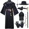 Men Plague Doctor Black Costume Set with Hat, Mask, Shawl, Robe, Gloves, Belt, Garlic, Scepter