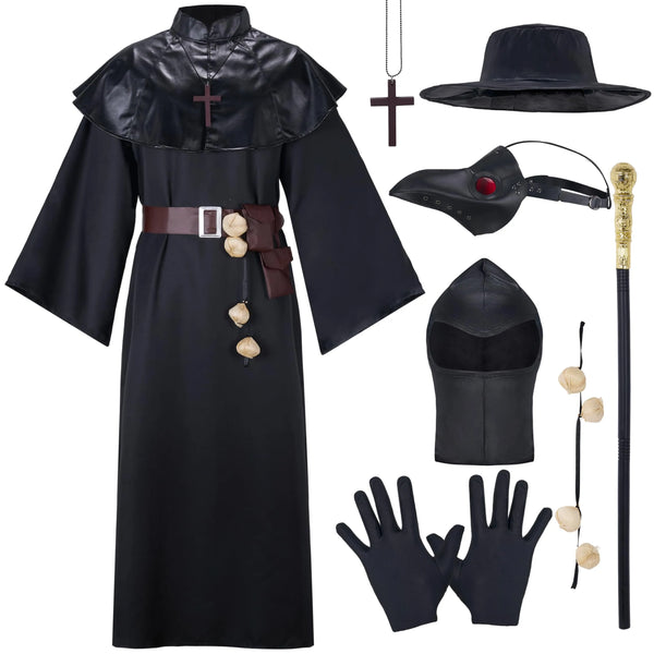 Men Plague Doctor Black Costume Set with Hat, Mask, Shawl, Robe, Gloves, Belt, Garlic, Scepter