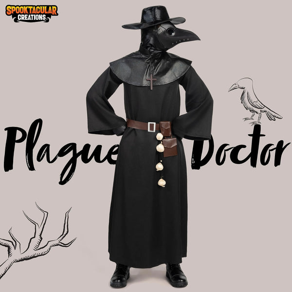 Men Plague Doctor Black Costume Set with Hat, Mask, Shawl, Robe, Gloves, Belt, Garlic, Scepter