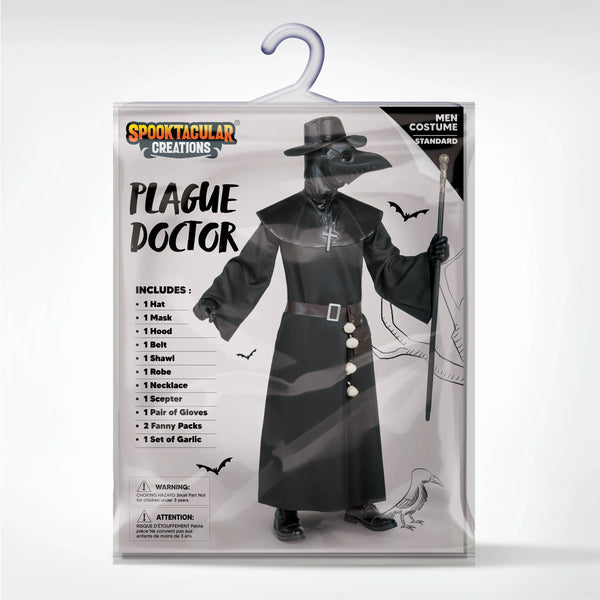 Men Plague Doctor Black Costume Set with Hat, Mask, Shawl, Robe, Gloves, Belt, Garlic, Scepter