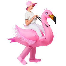 Riding an Elegant Flamingo Inflatable Halloween Costume