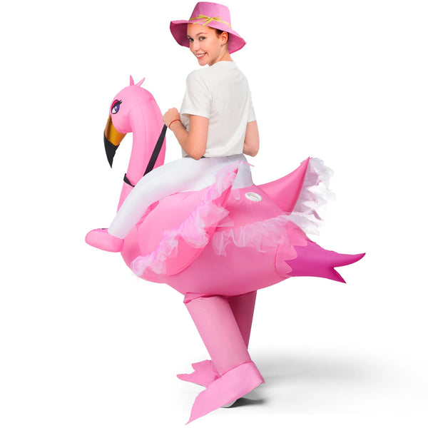 Riding an Elegant Flamingo Inflatable Halloween Costume