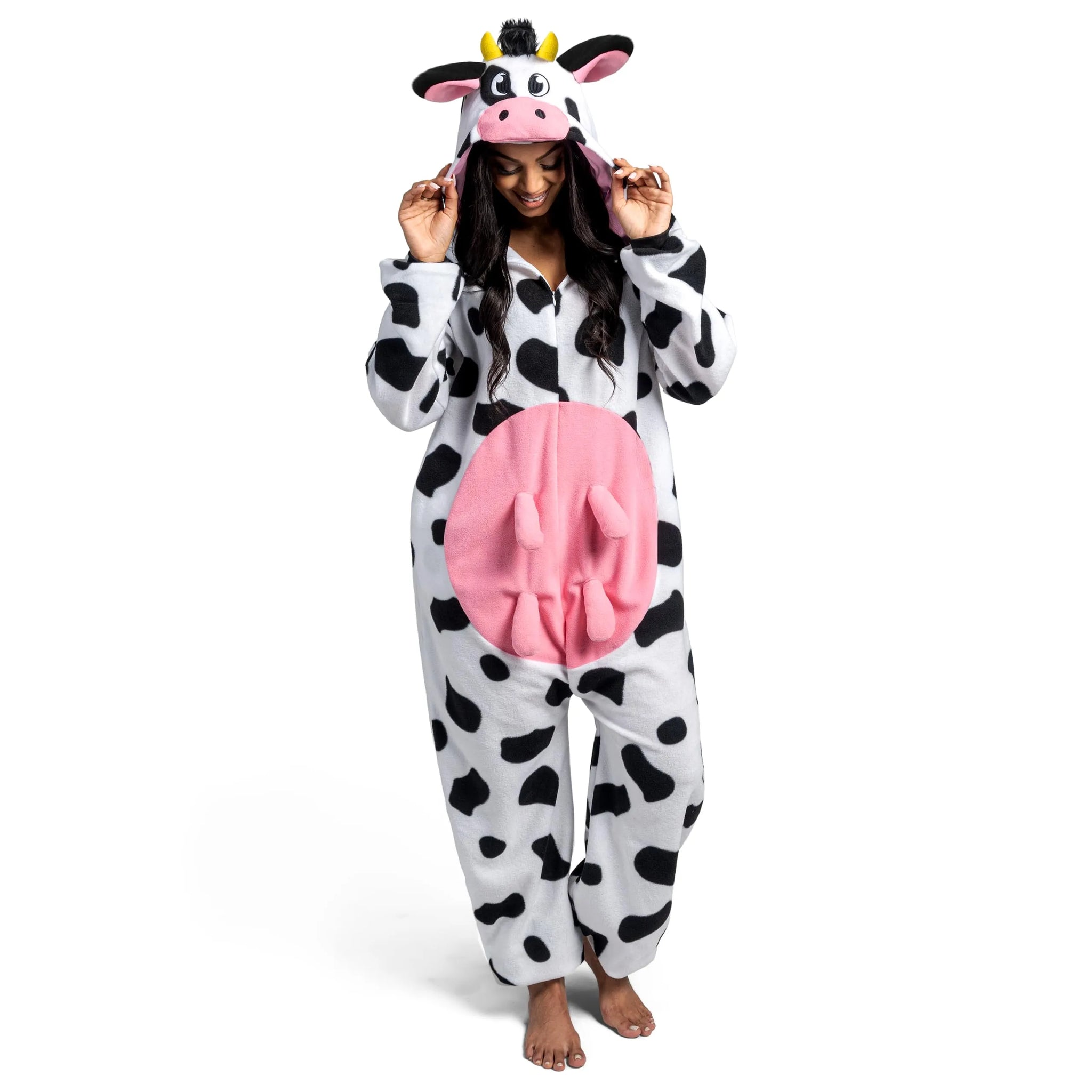 Unisex Adult Cow Pajama Plush Costume with Hat Tail Spooktacular