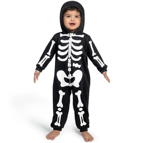 Unisex Skeleton Jumpsuit Pajama Toddler, Plush Zip-Up Black Hooded