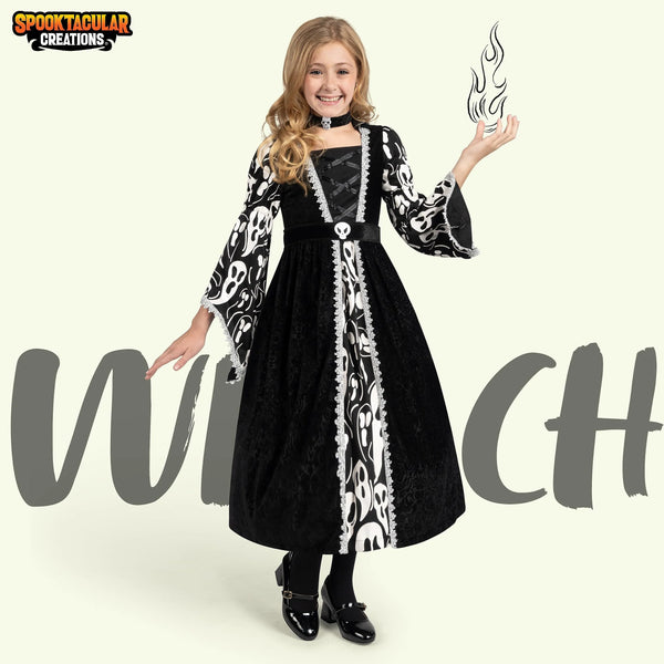 Witch Costume for Girls, Black Dark Witch Print Dress for Girls