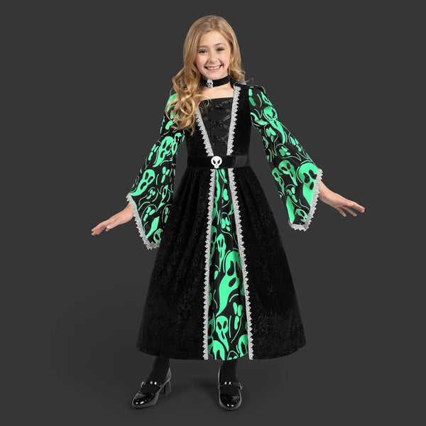 Witch Costume for Girls, Black Dark Witch Print Dress for Girls