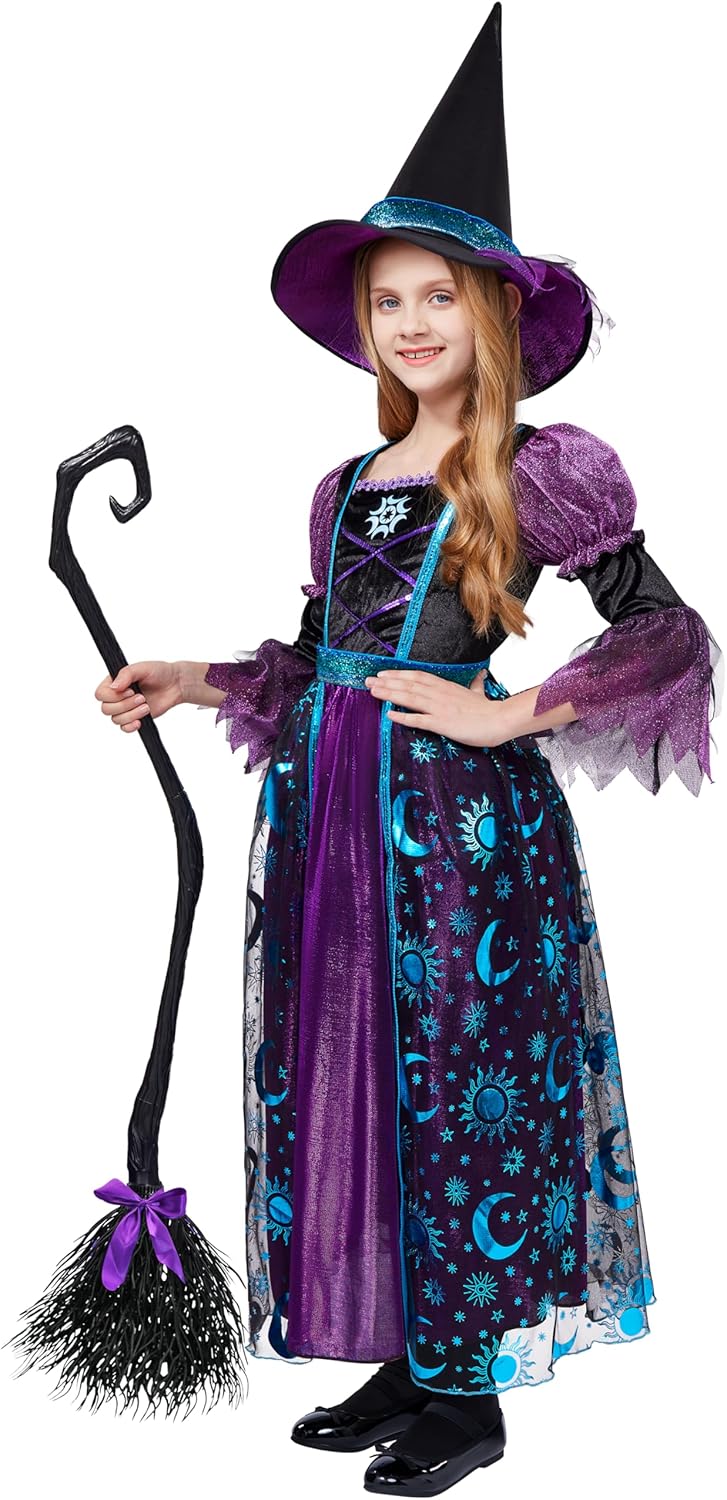 Spooktacular Creations Witch Costume for Girls, Halloween Witch Dress with Broom Hat, Kids Moon Shimmer Witch Costume Set for Wizard Role Play