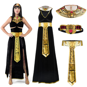 Women Black Cleopatra Dress Costume Set with Necklace, Belt, Headband