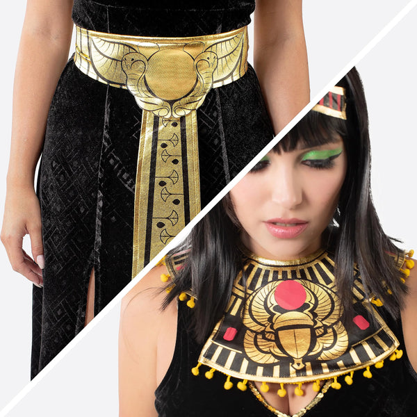 Women Black Cleopatra Dress Costume Set with Necklace, Belt, Headband