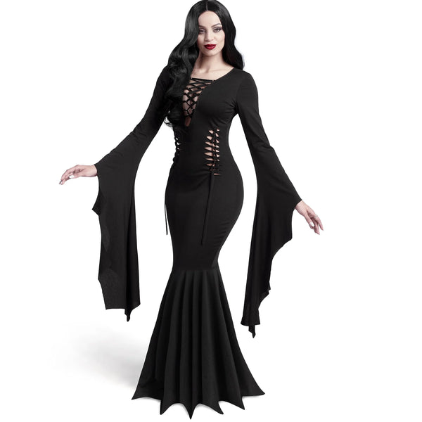 Women Black Gothic Vintage Dress Costume Floor Length Witch Dress