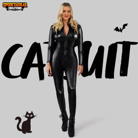 Women Black Metallic Catsuit Bodysuit Costume for Adult Halloween Dress Up Party