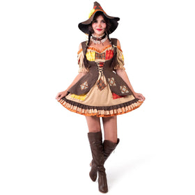 Women Brown Scarecrow Dress with Hat, Collar Costume Set