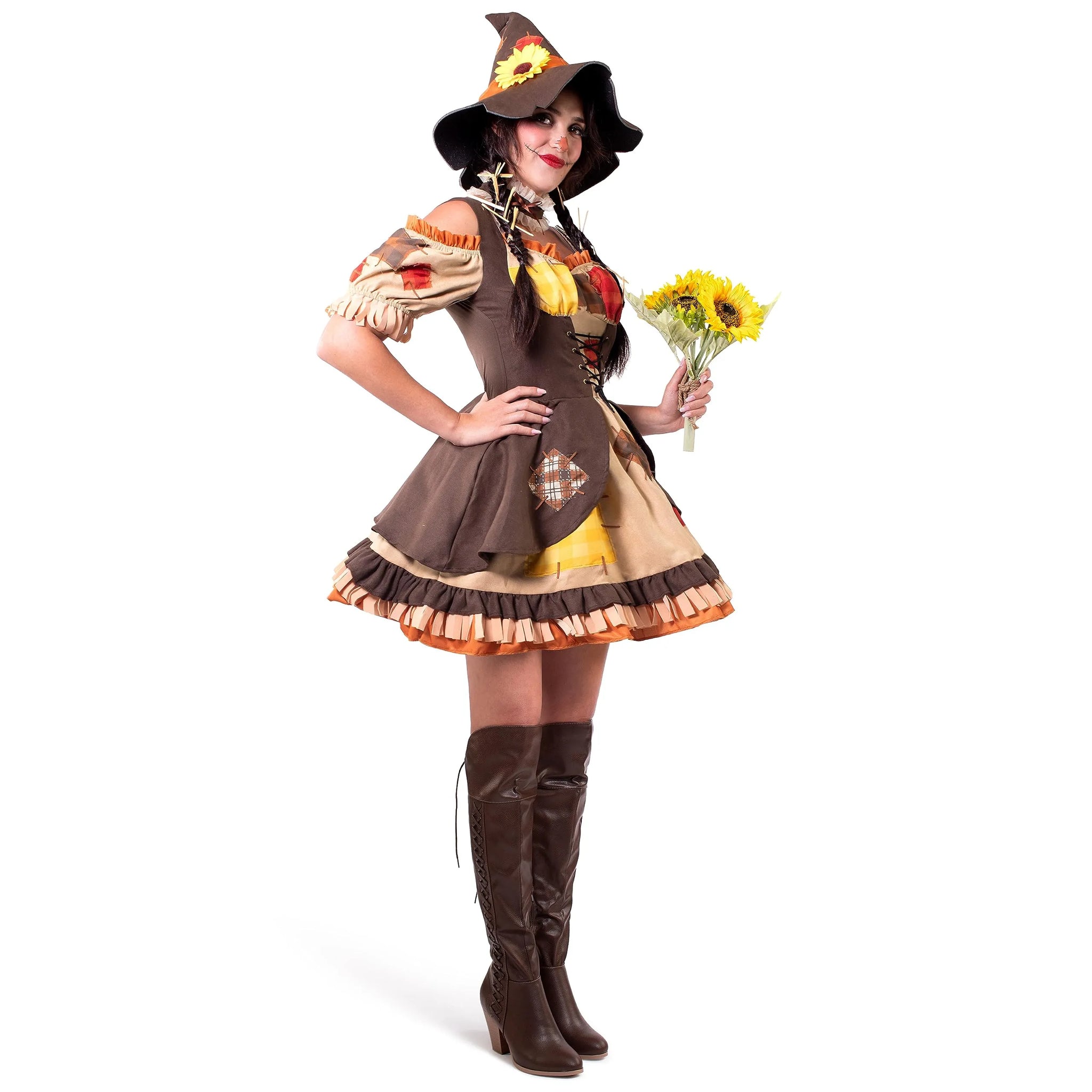 Spooktacular Creations Women Brown Scarecrow Dress with Hat, Collar Costume Set for Adult Halloween Dress Up Party Cosplay-L