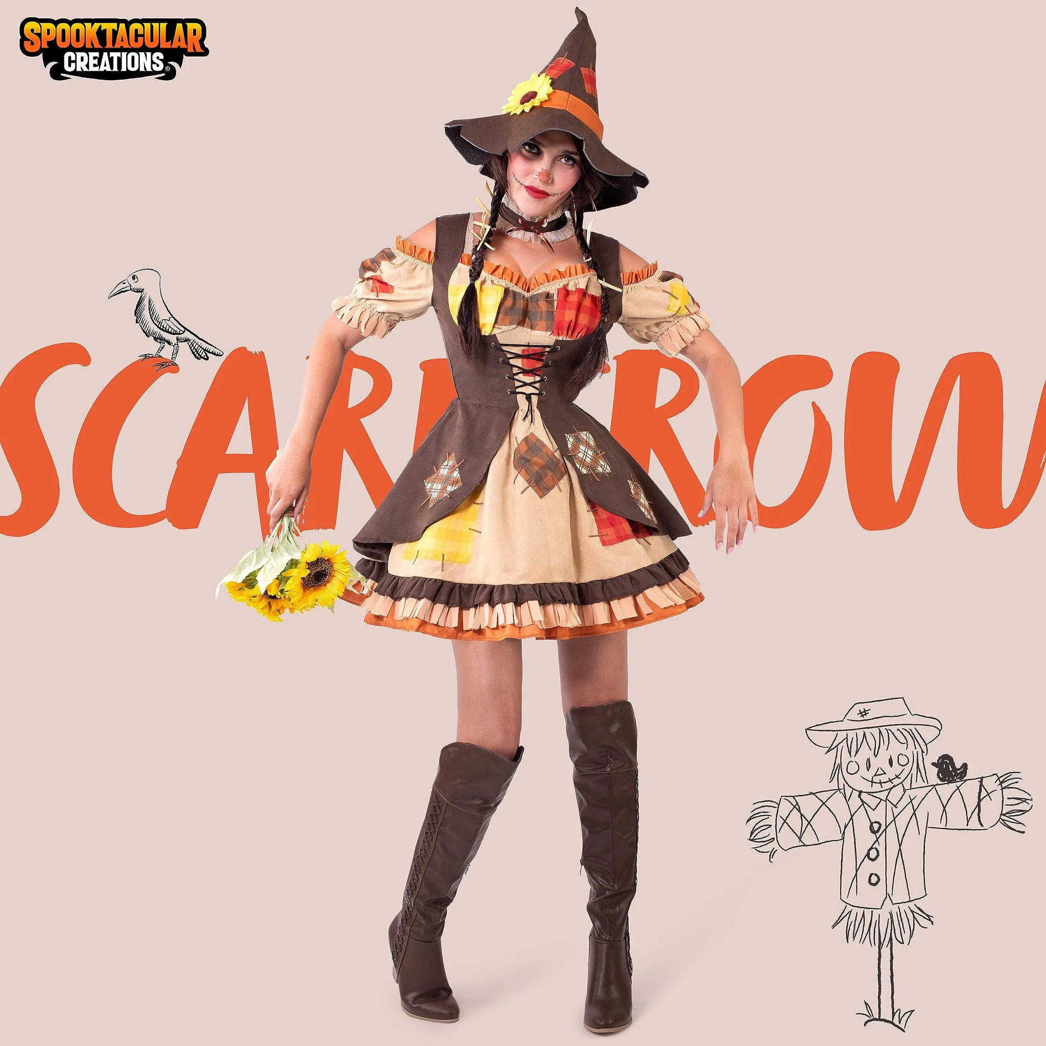 Women Brown Scarecrow Dress with Hat, Collar Costume Set | Spooktacular Creations Women Brown Scarecrow Dress with Hat, Collar Costume Set | Spooktacular Creations