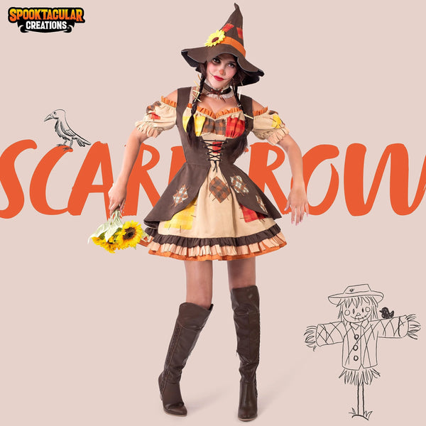 Women Brown Scarecrow Dress with Hat, Collar Costume Set