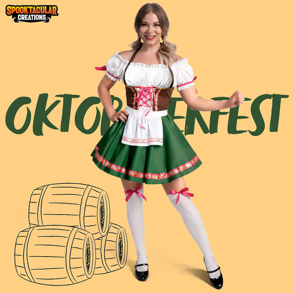 Women Green Traditional Oktoberfest Dress with Thigh High Stockings