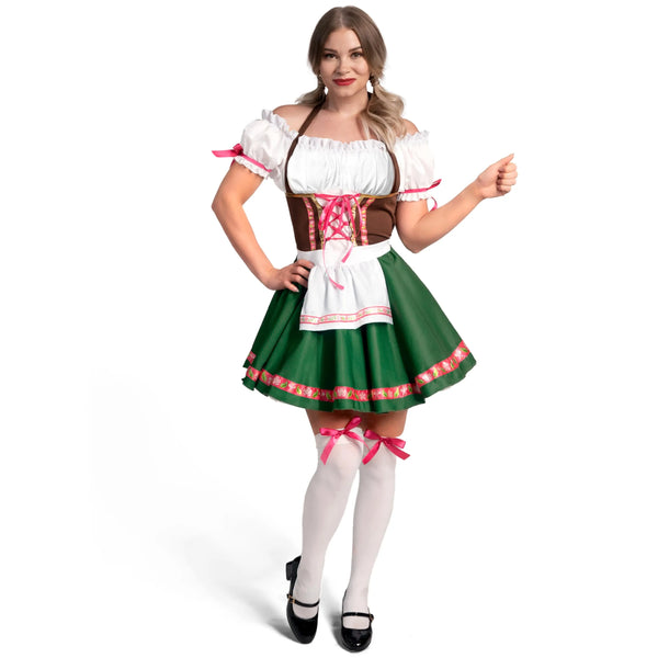 Women Green Traditional Oktoberfest Dress with Thigh High Stockings