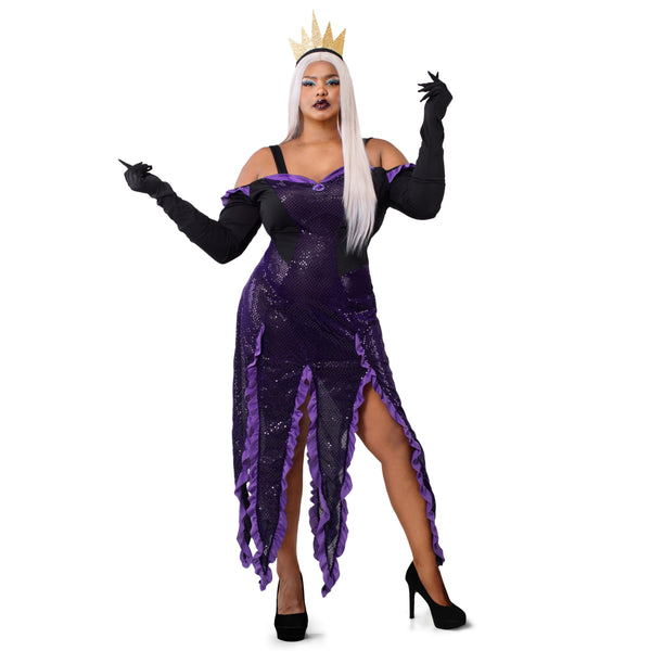 Women Sultry Sea Witch Dress Black and Purple Costume Set