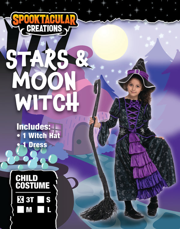 Purple Witch Costume with Stars and Moon Skirt Design - Child