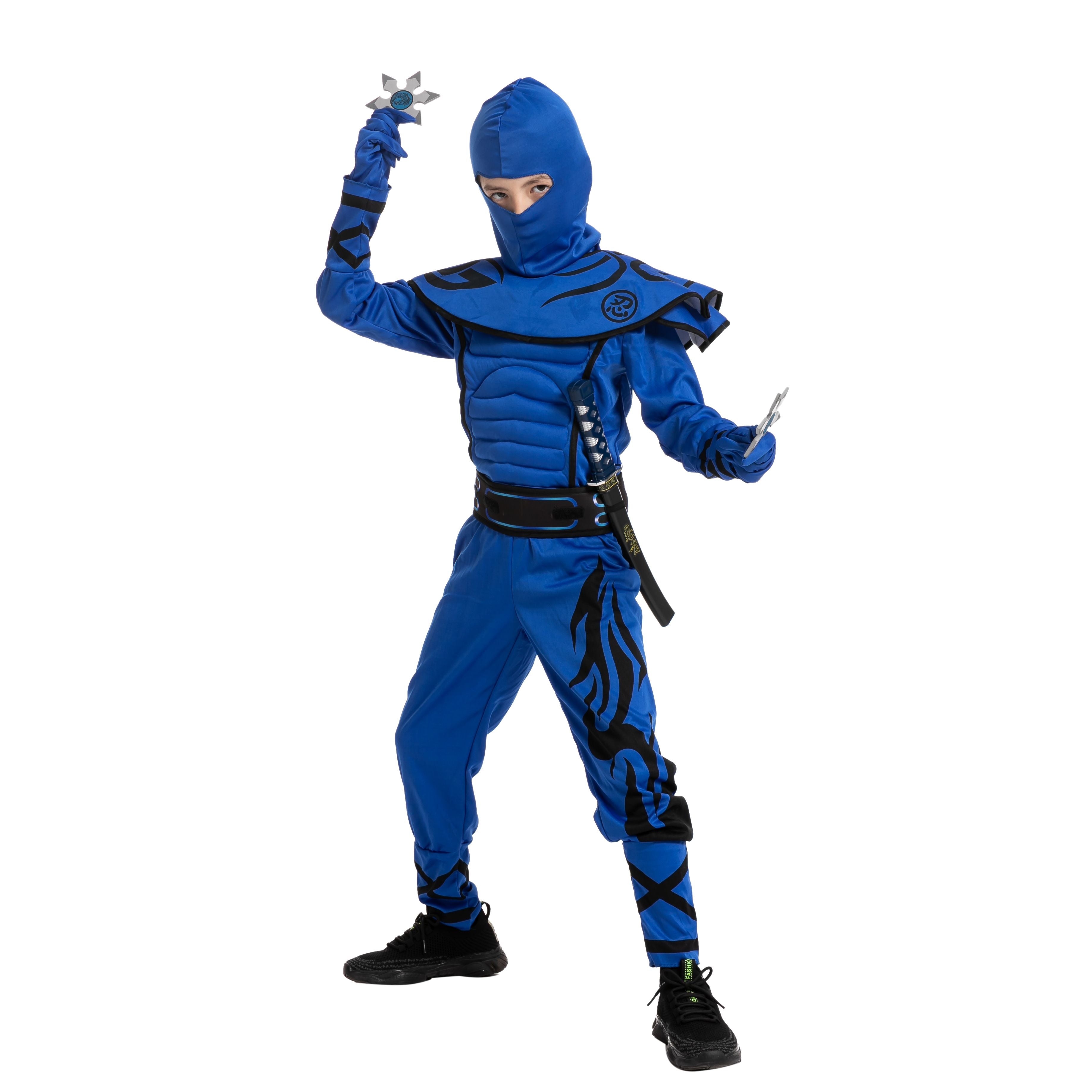 Costume De Ninja Pour Enfant - Ensemble Complet Avec Masque, Gants Et Ceinture (Taille M 6/7 Ans, Bleu)