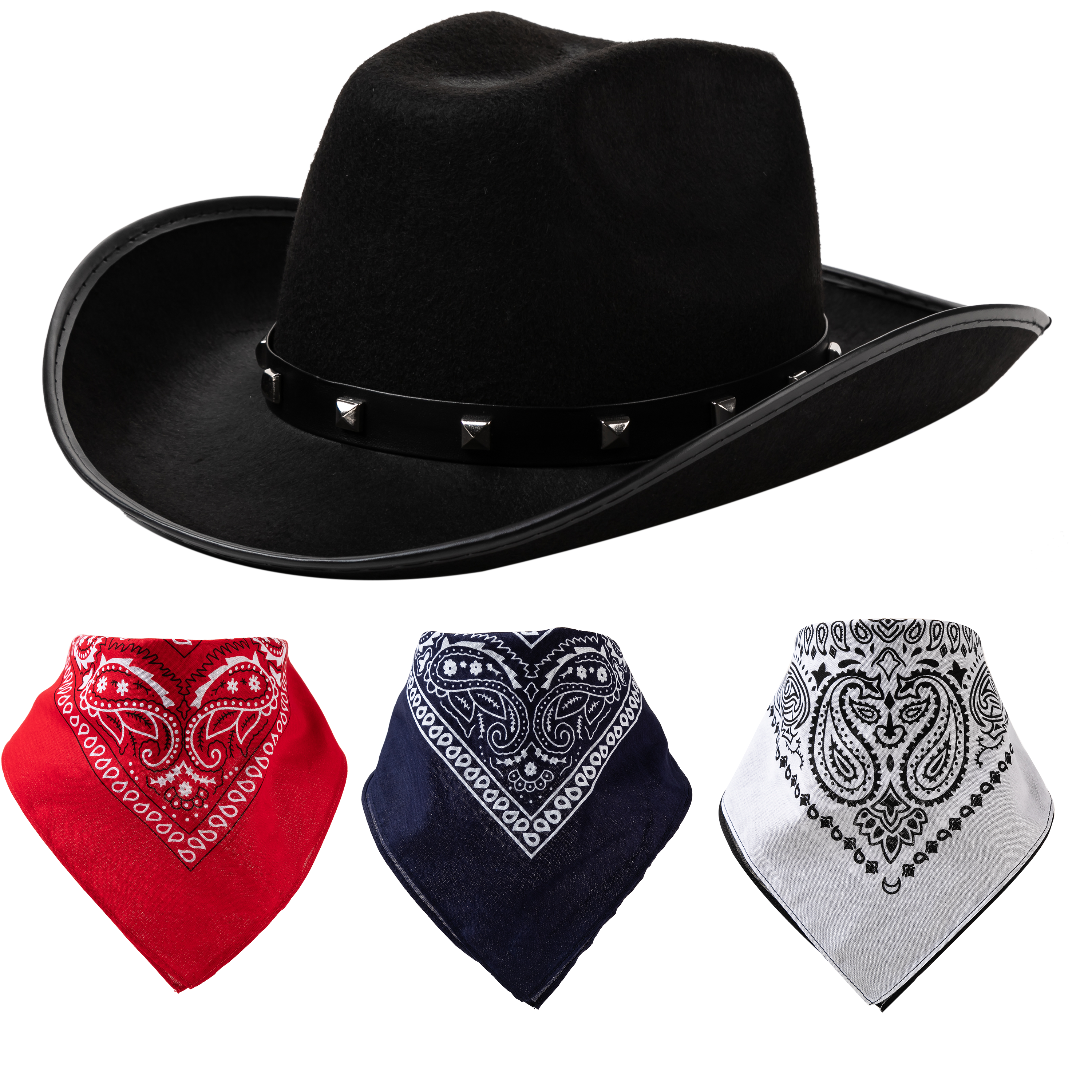Spooktacular Creations Black Cowboy Hat and 3 Pcs Bandana for Cowboy Halloween Costume Halloween Accessories Cowboy Themed par
