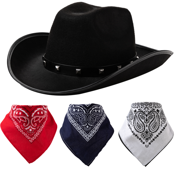 Black Cowboy Hat with 3 Bandanas