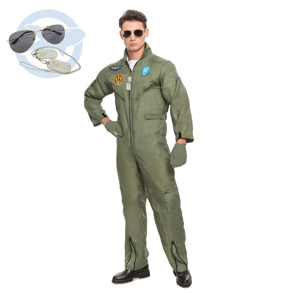 Men's Flight Pilot Adult Costume with Accessory for Halloween Top Gun Party(Large)